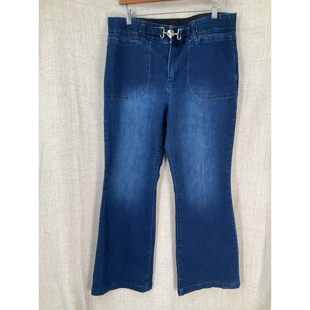 Indigo Poppy Flare Jeans Women 16 Blue Stretch Denim Horsebit Buckle High Rise‎